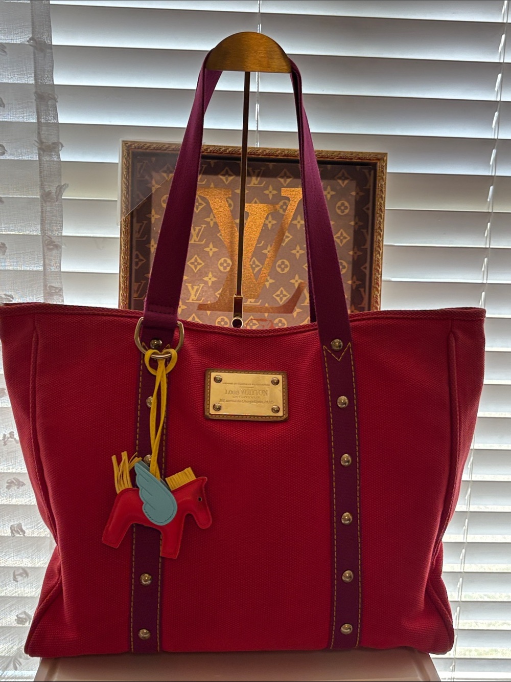 Louis Vuitton Antigua Cabas tote bag red canvas W/COA/ Horse Charm included -GUC